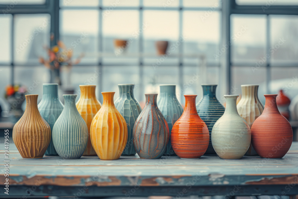 Poster a series of ceramic vases each featuring a different phase of transformation from smooth cylindrical