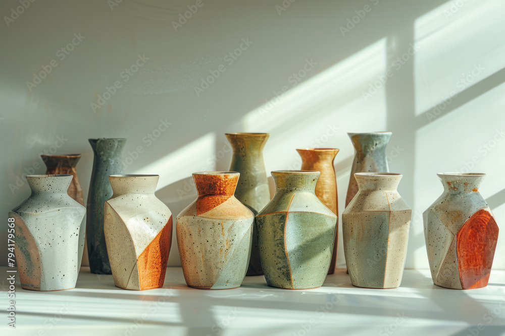 Aufkleber A series of ceramic vases each featuring a different phase of transformation from smooth cylindrical