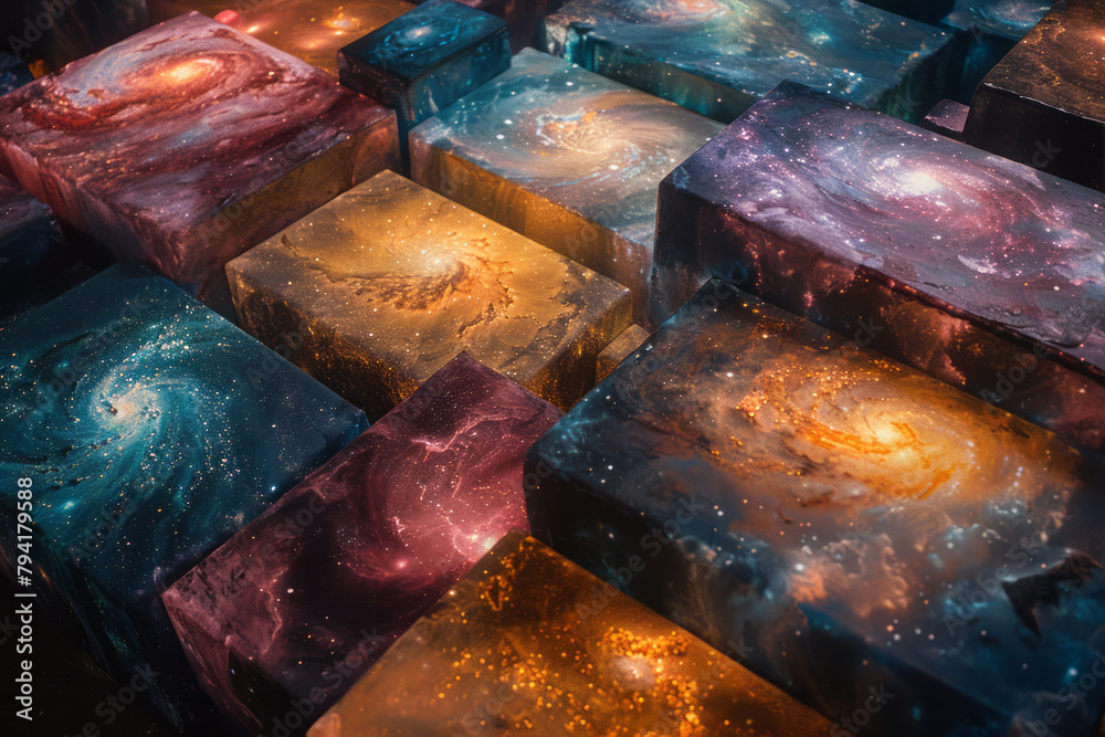 Poster a series of canvases painted with phosphorescent paint depicting various nebulae, glowing softly in