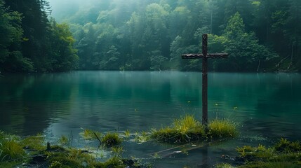 spiritual significance of a Christian cross against the backdrop of a serene lake and verdant forest, portrayed in high resolution cinematic photography.