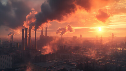 A city skyline with a large factory emitting smoke and a sun in the background