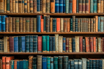 Library shelves filled with old vintage books. antique book shelves background. 