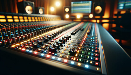 Focusing on an audio mixing console in a studio environment - obrazy, fototapety, plakaty
