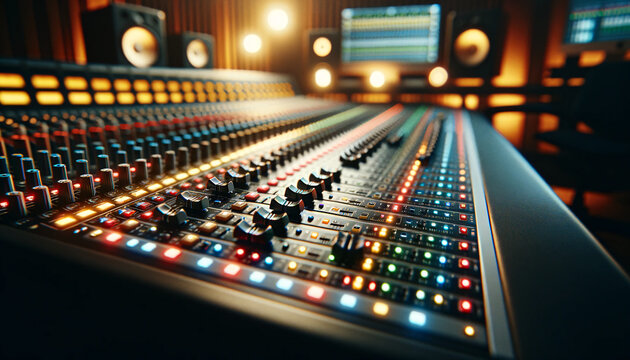Focusing on an audio mixing console in a studio environment
