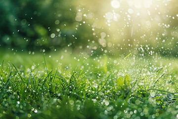 lawn sprinkler spraying water on the green grass - obrazy, fototapety, plakaty