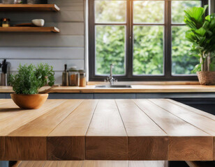 Empty wooden top table in kitchen with blurred window background in the morning