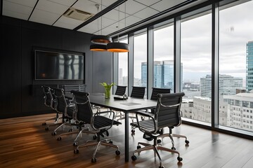 Modern conference room with black chairs, wall mounted screen, cityscape view, and polished wood floor