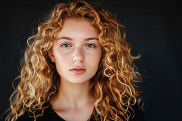 Beautiful curly hair of young woman on the black background - obrazy, fototapety, plakaty