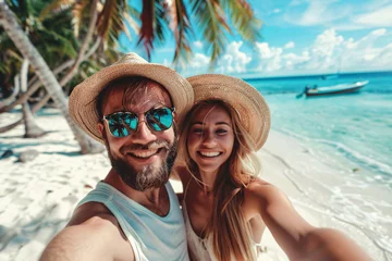 Foto op Plexiglas Beautiful couple taking selfie photo on tropical beach © Di Studio