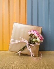 bouque de rose sur un paquet cadeau posé sur un support de bois en ia