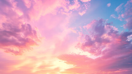Pink and orange clouds illuminated by the setting sun against a soft blue sky