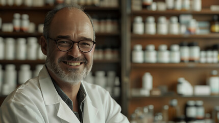 A male doctor wearing glasses and a white lab coat smiles and poses for a photo in front of a shelf with vials of medicines. Consultant for a healthy old age - obrazy, fototapety, plakaty