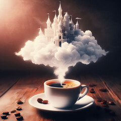 Dreaming of good things over a cup of coffee. Building air castles. The concept of beautiful fantasies - obrazy, fototapety, plakaty