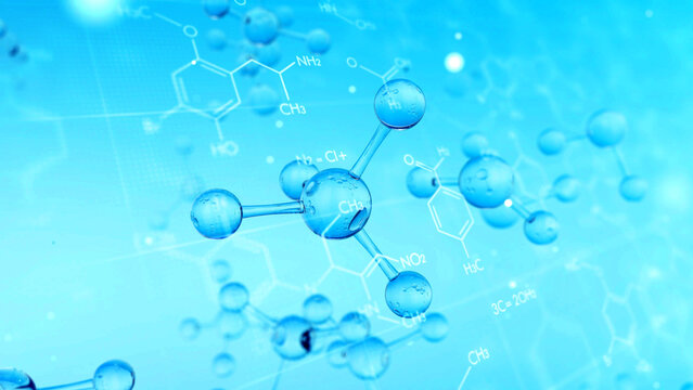 3D model of molecule or atom nano on chemistry formular background. Research chemical concept.