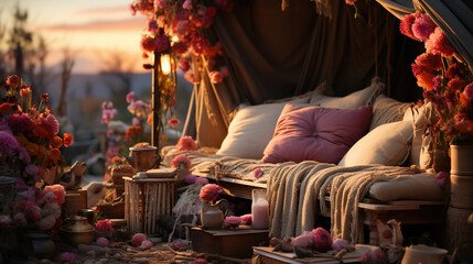 Pink Pillows and Flowers in Camping in Desert Pink Color Theme With Blurry Background