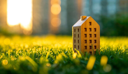 Small wooden model of a city apartment building standing on green grass on a sunny day.