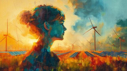 A woman is standing in a field of wind turbines