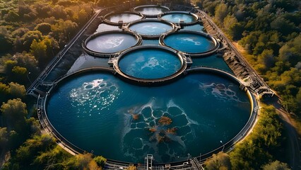 Managing wastewater sludge to prevent water pollution in rivers and lakes. Concept Wastewater Treatment, Sludge Management, Water Pollution Prevention, River Protection, Lake Conservation - obrazy, fototapety, plakaty