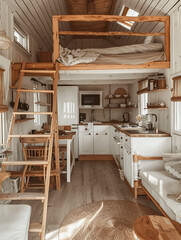 wide shot in a tiny house interior with Santorini style with kitchen, a loft with stairs, railings...