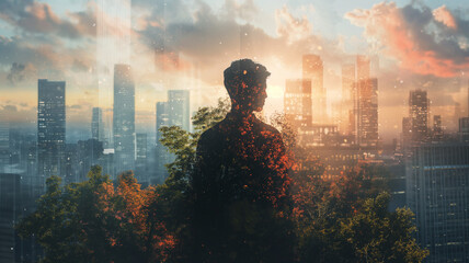 A man stands in a forest with a city in the background