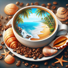 Beach and sea in the coffee mug foam concept with seashells scattered around. Summer fun, enjoying life, vacations, holidays, tourism, travel concept