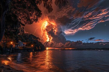 Catatumbo lightning storm, continuous, powerful flashes over a lake, night spectacle - obrazy, fototapety, plakaty