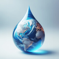 The planet earth is represented as a drop of water. World Water Day concept with world in clean water drop on and fresh blue water.