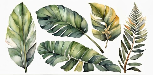 Watercolor set of tropical leaves,  - 794182546