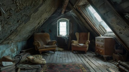 unsettling vibe of a haunted attic, filled with dusty furniture and cobwebbed corners, in high resolution photography.