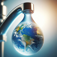 Every drop of water is a whole world. Saving water and world environmental protection concept. Blur background