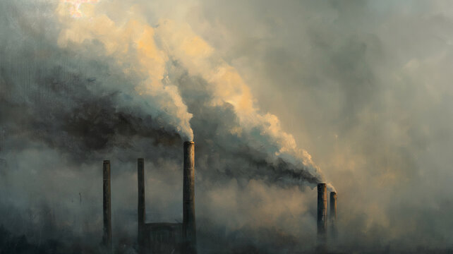 A painting of a factory with smoke coming out of it