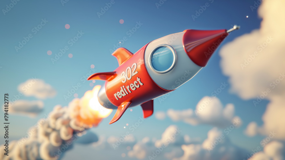 Wall mural 301 redirect sign on a flying rocket in the sky. seo term for the status response code of permanentl