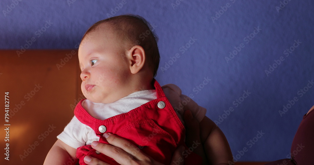 Wall mural handsome baby boy portrait wearing red clothing with blue background color infant observing and lear