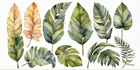 Watercolor set of tropical leaves,  - 794182741