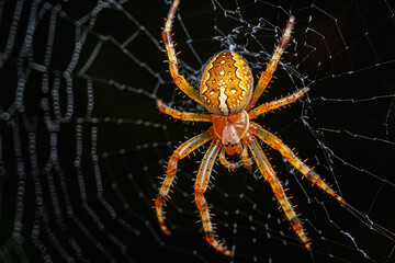 Spider on the silk web in the dark forest