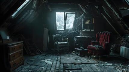 unsettling vibe of a haunted attic, filled with dusty furniture and cobwebbed corners, in high resolution photography.