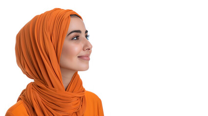 Naklejka premium Arab woman wearing orange ribbed v-neck t-shirt smile looking up