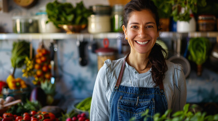 A woman is smiling in front of a kitchen counter with a variety of vegetables and fruits. She is...