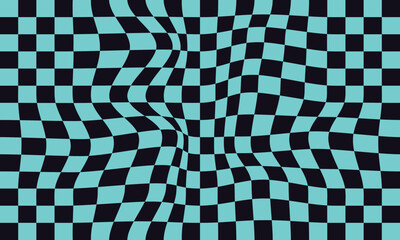Pattern psychedelic checkerboard. Groovy retro wavy checkered texture. Psychedelic modern playful background. . Twisted and distorted trendy style vector illustration. EPS 10