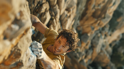 A male climber climbs a cliff with a smile on his face. The concept of adventure and excitement