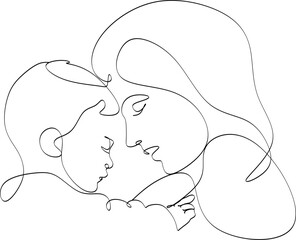 Abstract mother with a child in continuous one line drawing art style. Mother`s Day card. Woman hugging her baby. Happy motherhood concept. Modern vector illustration. Without artificial intelligence