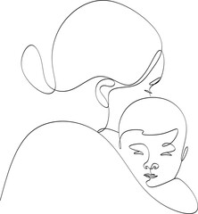 Abstract mother with a child in continuous one line drawing art style. Mother`s Day card. Woman hugging her baby. Happy motherhood concept. Modern vector illustration. Without artificial intelligence