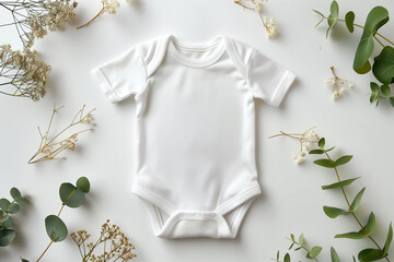 White cotton baby short sleeve bodysuit on white wooden background. Infant onesie mockup. Blank gender neutral newborn bodysuit template mock up. Top view, flat lay, copy space for text 