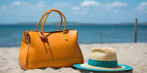 Women's beach bags and hats complete with accessories, with a beach background