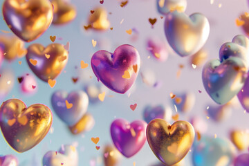 An explosive burst of love captured in a chaotic symphony of vibrant light violet and gold balloon hearts, swirling against a serene plain background.