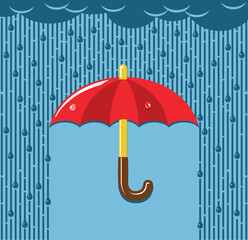 Red umbrella with rain background. Vector template for seasonal sale banner