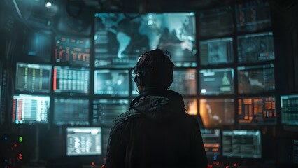 A hacker infiltrates government servers with virus from dark hideout with screens. Concept Cybersecurity Threats, Hacking Techniques, Cybercrime Investigations, Government Surveillance