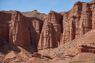 Konorchek canyon, sheer cliffs subject to erosion, travel destination, famous landmark Kyrgyzstan,...