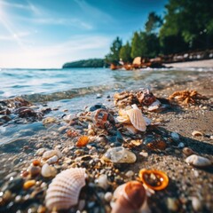 Fototapeta na wymiar Landscape with a variety of colorful shells on a tropical sand beach with blue sea. concept of relaxing time and vacation