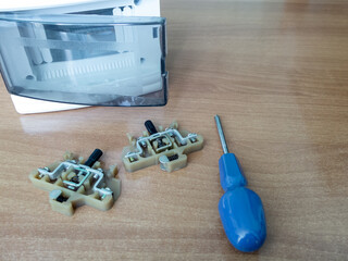 Terminals for din rail. Electricity terminal strip on DIN rail for electrical terminals. Box...